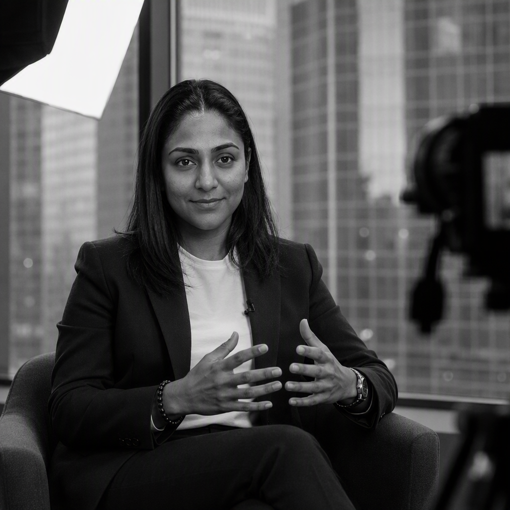 Black-and-white editorial portrait of Bina Atman during an interview