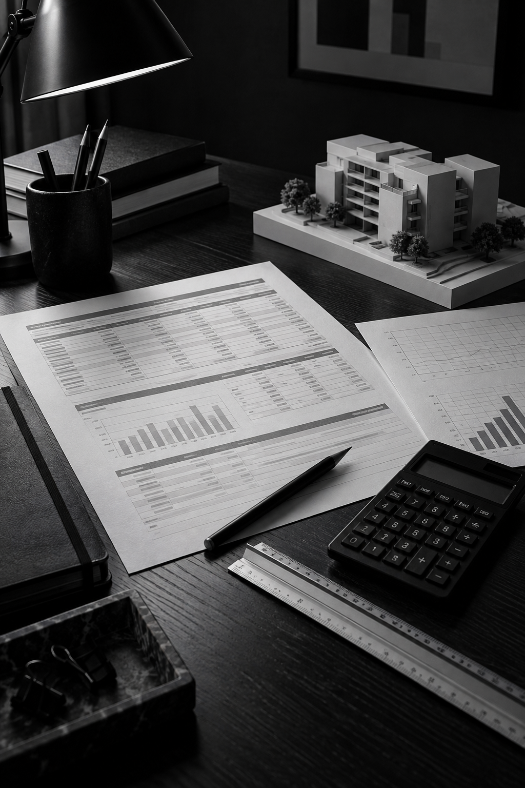 Black-and-white editorial study of an investment analysis workspace