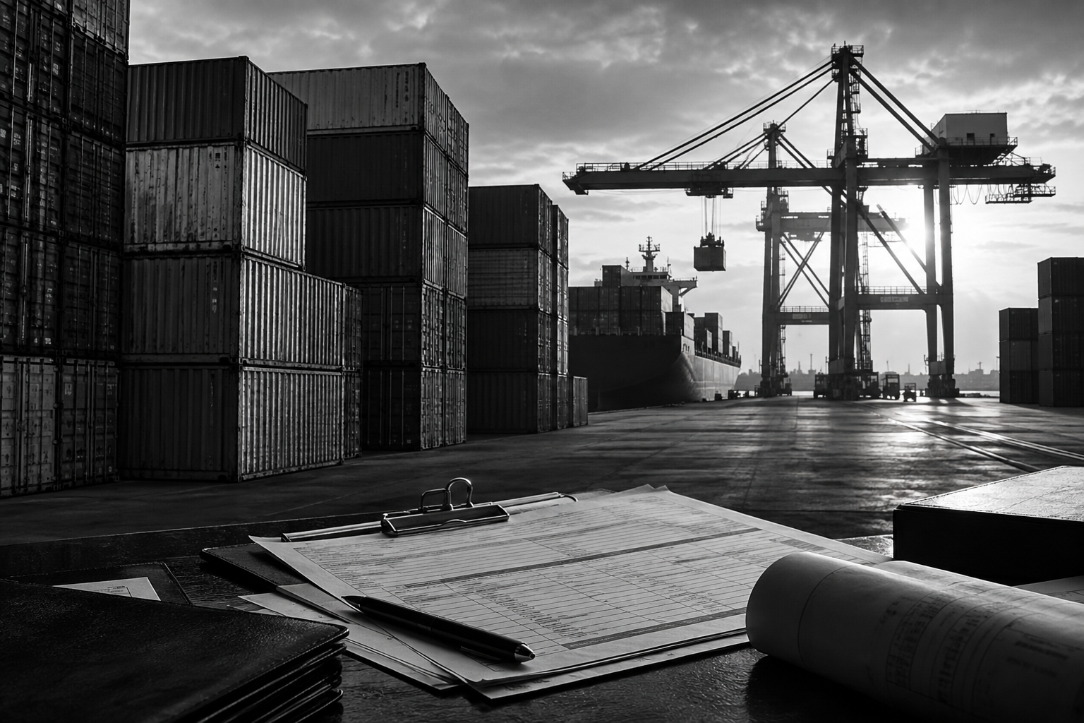 Black-and-white editorial study of global sourcing and logistics