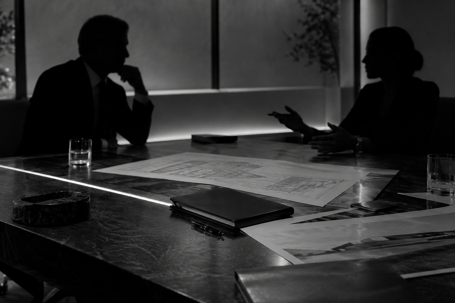 Black-and-white editorial study of a private deal-structuring discussion